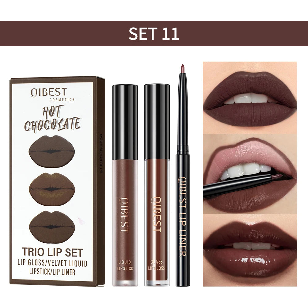 QIBEST 3pcs/set Liquid Lipstick+Lip Liner Lasting Black Brown Purple Red Matte Lip Gloss Nude Lip Stain Tint Makeup Lip Pencil