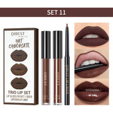 QIBEST 3pcs/set Liquid Lipstick+Lip Liner Lasting Black Brown Purple Red Matte Lip Gloss Nude Lip Stain Tint Makeup Lip Pencil