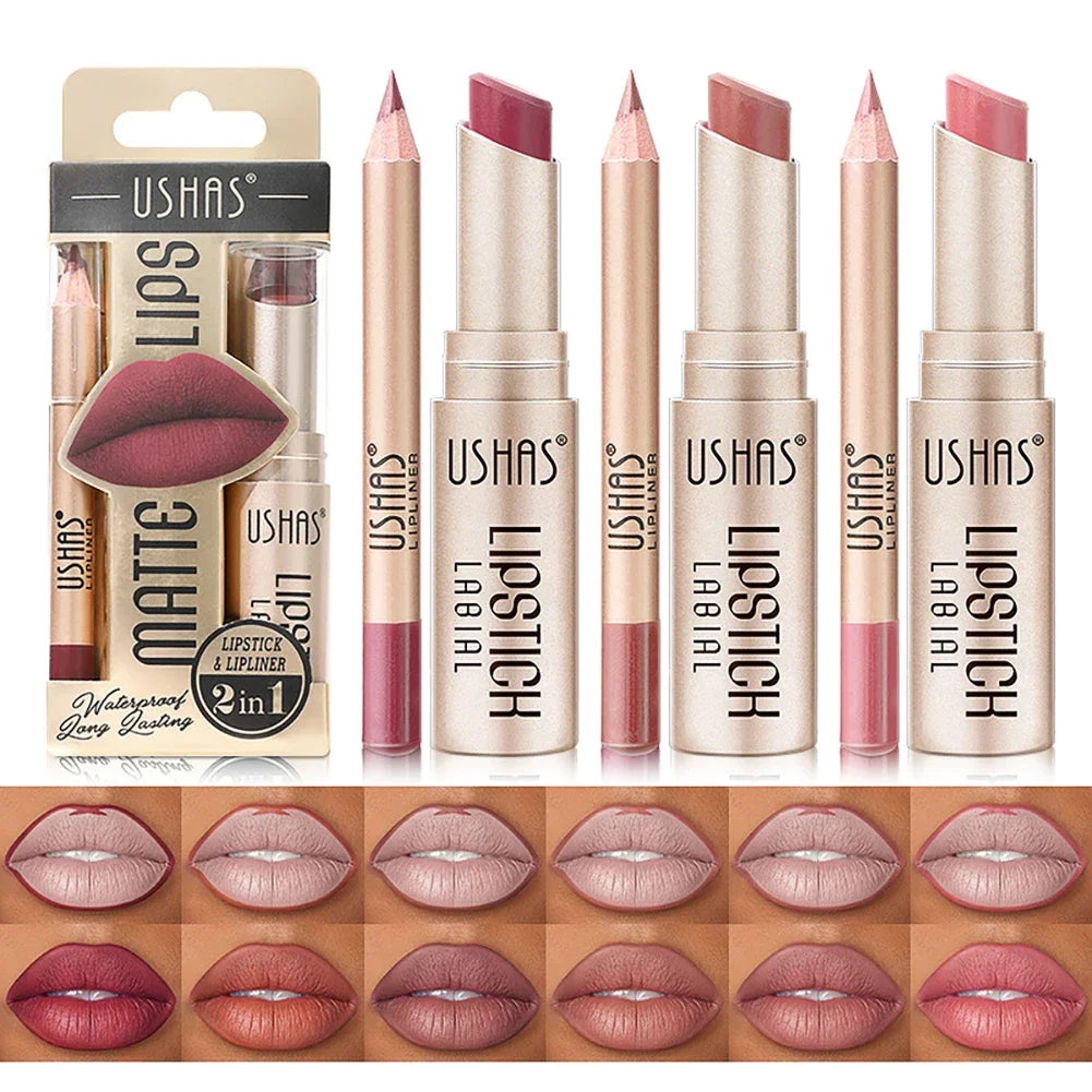 2-in-1 Lip Makeup Set, Matte Lipstick & Lip Liner Pencil, Nude Brown, Waterproof Long Lasting Tinted Lip Balm Contour Kit