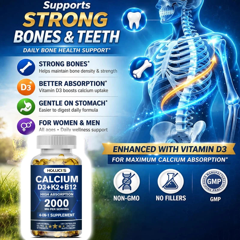 Calcium + D3 + K2 + B12 Capsules, Strength Bone & Teeth, Muscle Health, Replenish Joints, Support Immune Function