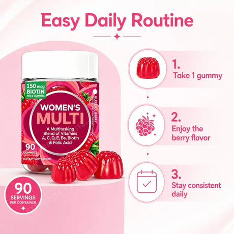Women's Multivitamin Gummies 90 Count with Biotin Folic Acid Vitamins A C D E B, Berry Flavor Daily Wellness Supplement