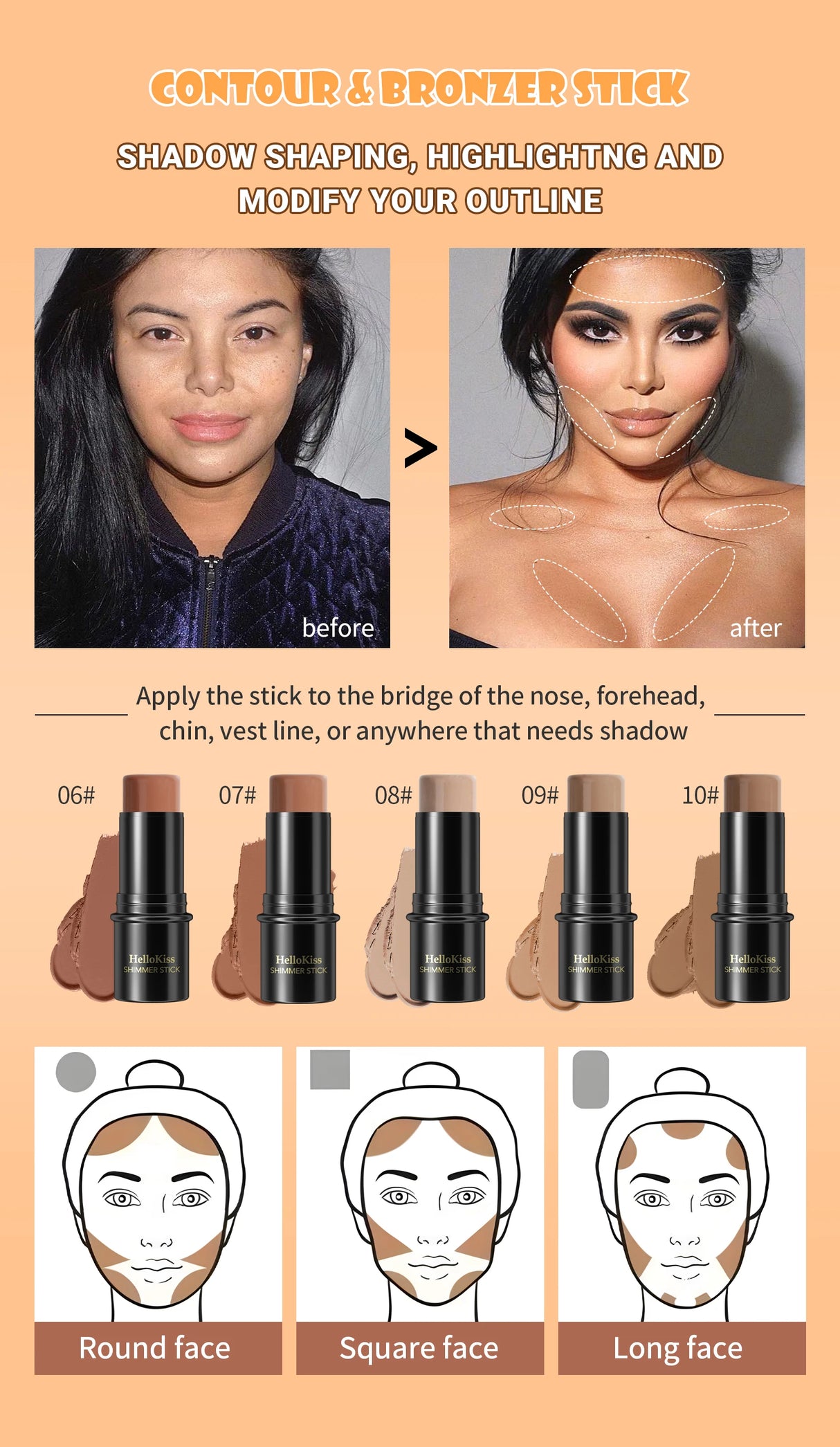 Face Brown Bronzer Contour Stick Face Foundation Makeup Pen Lasting Smooth Contour Shadow Blusher Highlight Concealer Cosmetics