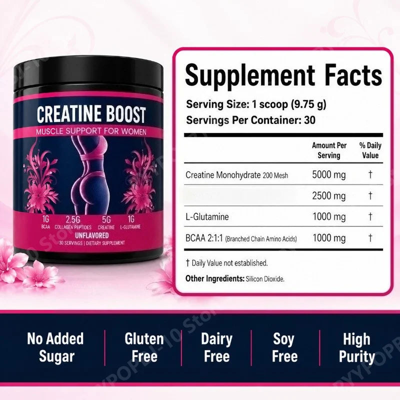 Creatine for Women Booty Builder Supplement with Collagen & BCAA Supports Muscle Development Post-Workout Recovery Elasticity