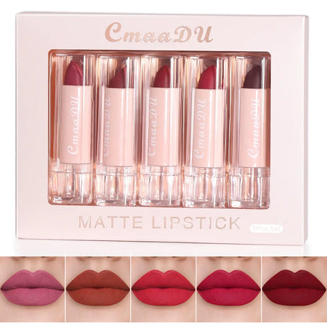 Velvet Matte Lipstick Set 5pcs Long Lasting Waterproof Red Nude Lipsticks Non Stick Cup Makeup Cosmetics Collection