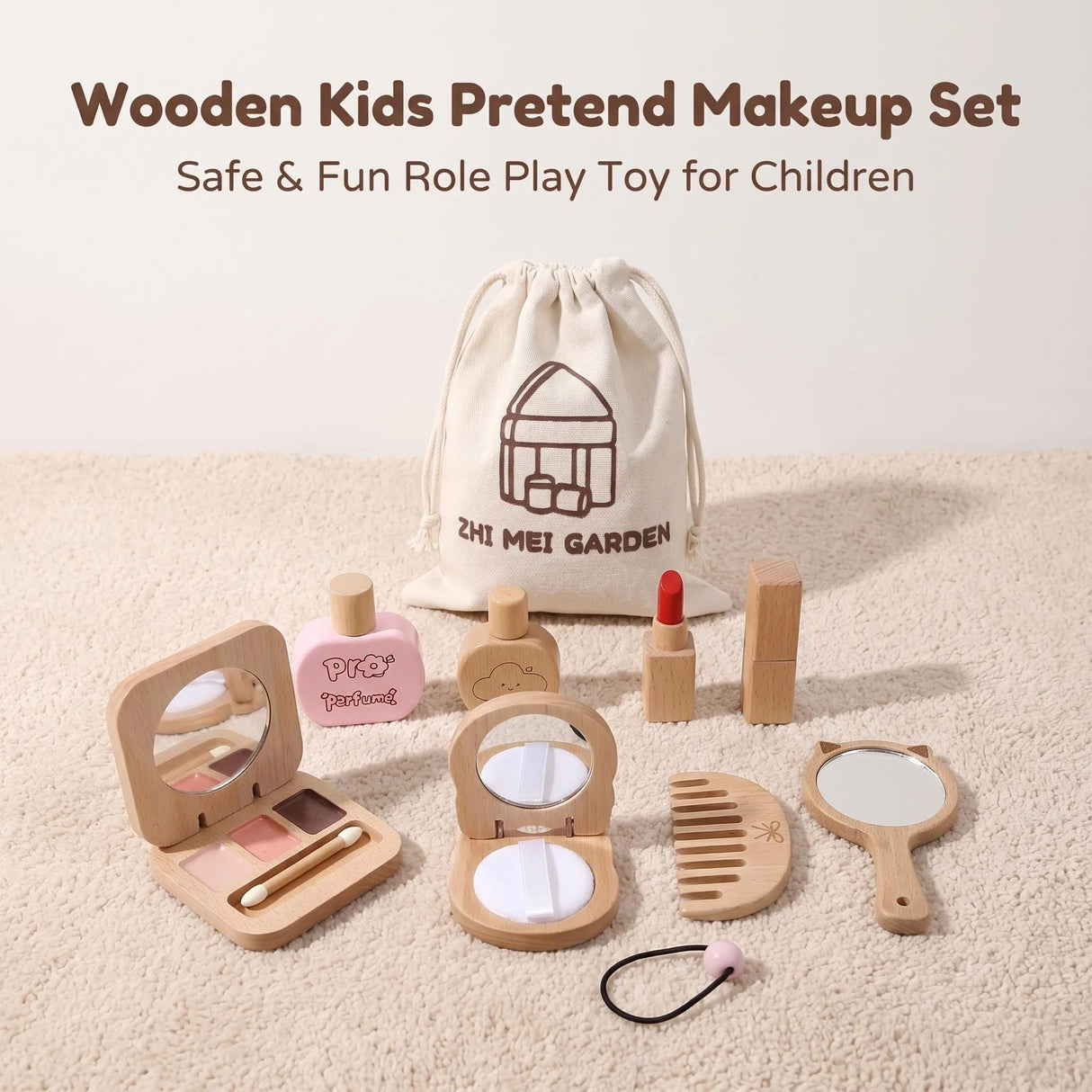 Kids' Pretend Makeup Toy Wooden Role‑play Dress‑up Vanity Gift Makeup Bag Set for Girls
