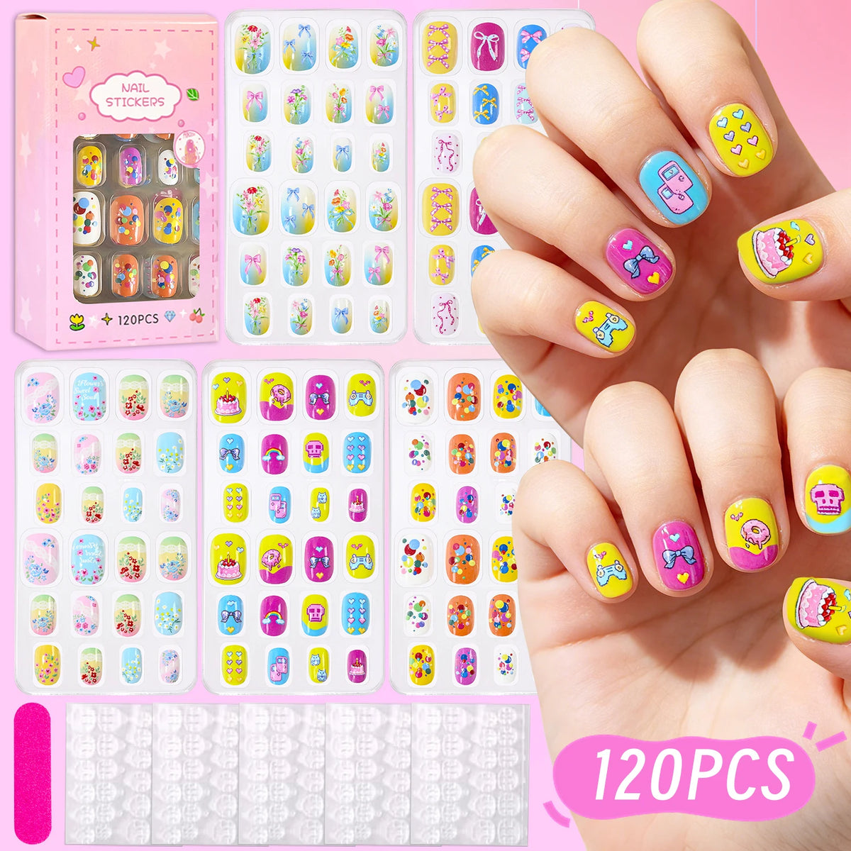 120Pcs Children's Press on Nails Kids Cartoon Acrylic Fake Nails Tips Kawaii Girl Full Cover Short False Nails With Jelly Glue#@