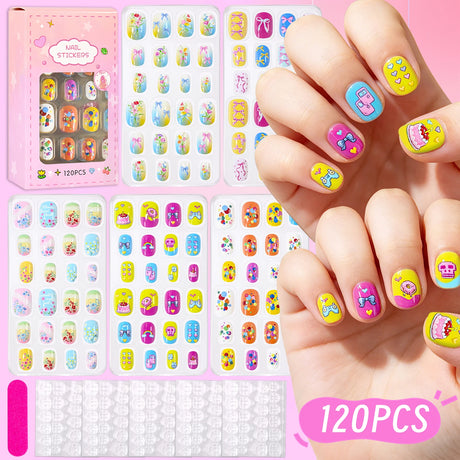 120Pcs Children's Press on Nails Kids Cartoon Acrylic Fake Nails Tips Kawaii Girl Full Cover Short False Nails With Jelly Glue#@