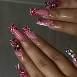 24Pcs Long Square Press on Nails Leopard Print French 3D Cherry Design False Nail Rhinestone Wearable Full Cover Fake Nails Tips