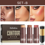 4-Piece Contour Stick Set with Highlighter, Blush & Bronzer Plus Golden Powder Brush - Waterproof Cream for All Tones, Shimmery.