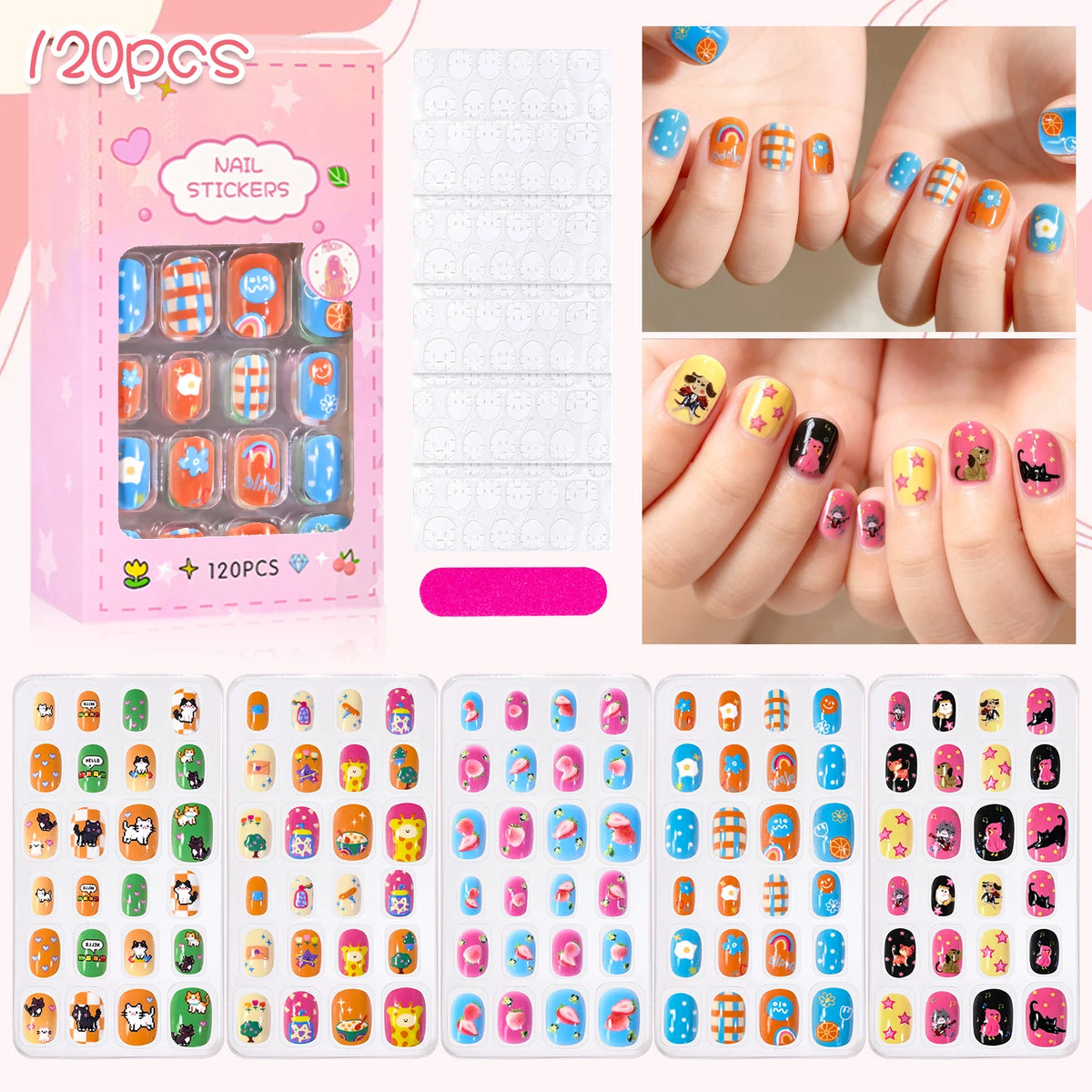 120Pcs Children's Press on Nails Kids Cartoon Acrylic Fake Nails Tips Kawaii Girl Full Cover Short False Nails With Jelly Glue#@