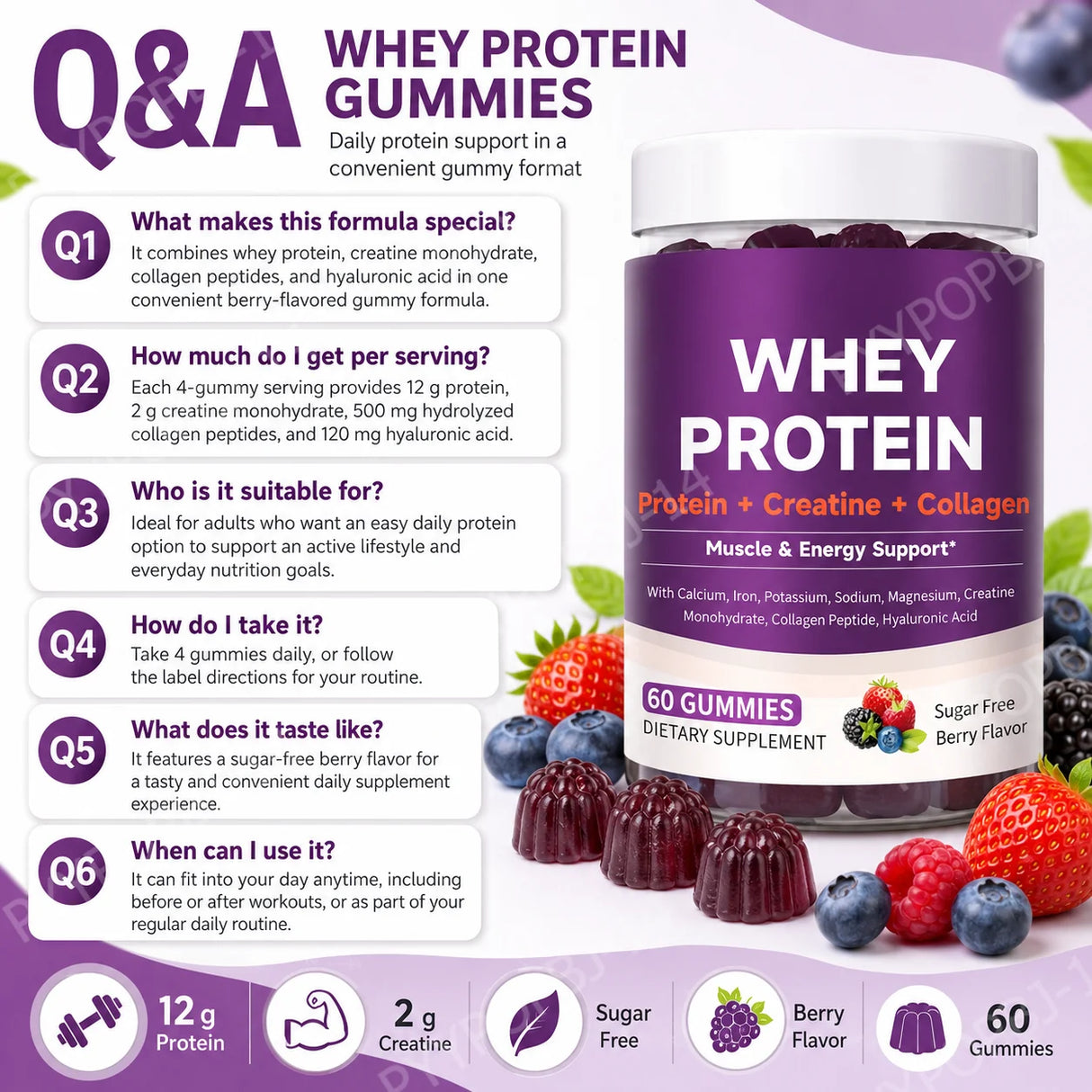 Protein Gummies with Whey Creatine Collagen 12g Protein Muscle Support Energy Nutrition Sugar Free Fitness Supplement 60 Gummies