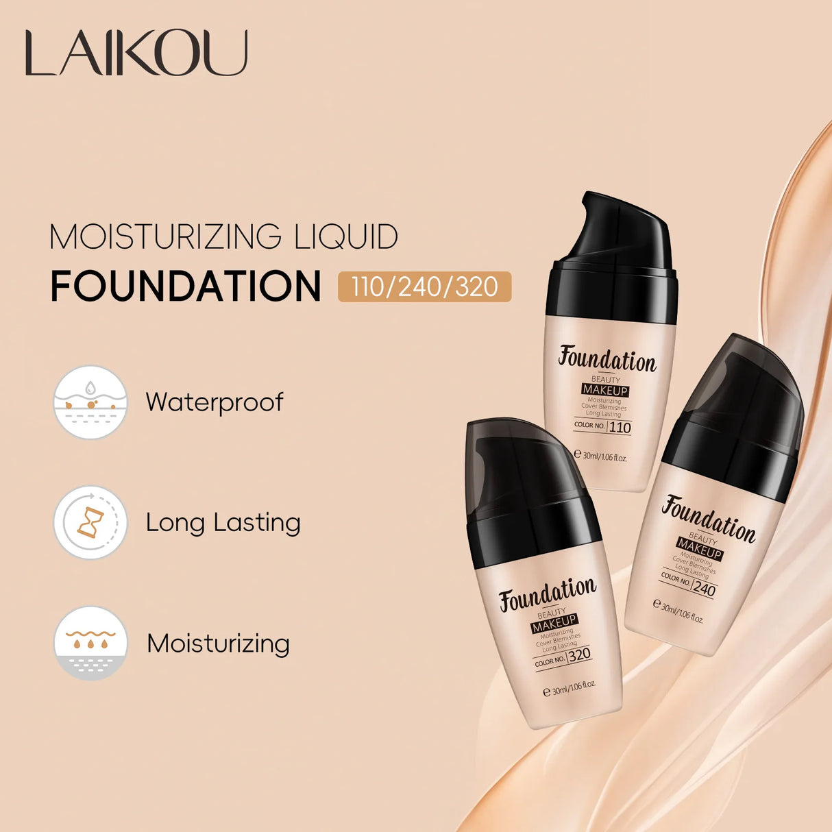 LAIKOU Liquid Foundation 3 Shades Waterproof Hydrating Full Coverage Long Lasting Natural Matte Face Makeup Base 30ml
