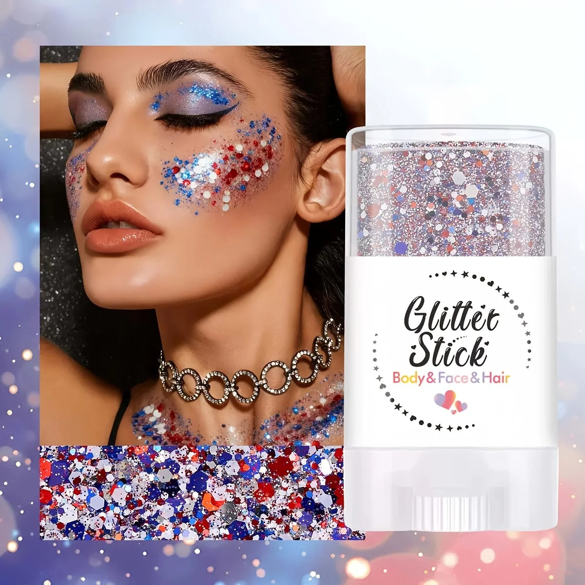 Patriotic Glitter Body Paint Stick with Makeup Remover Cloth, Red White Blue Face Paint for 4th of July, Sports Games