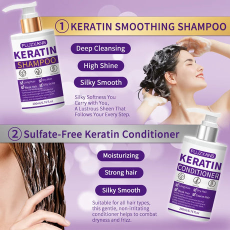 Keratin Shampoo and Conditioner Set, Professional Repairing & Smoothing Treatment for Dry Damaged Hair Anti-Frizz Hydrating Gift