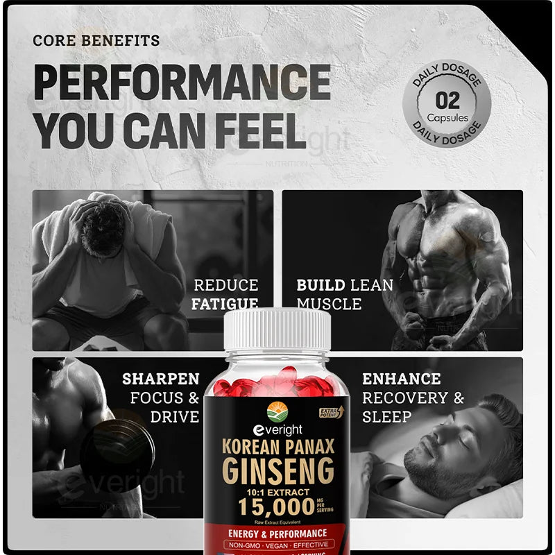 Korean Red Ginseng Capsules- 1500mg Natural High Strength for Men Vitality, Energy, Performance, Focus, Immune Health