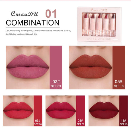 Velvet Matte Lipstick Set 5pcs Long Lasting Waterproof Red Nude Lipsticks Non Stick Cup Makeup Cosmetics Collection