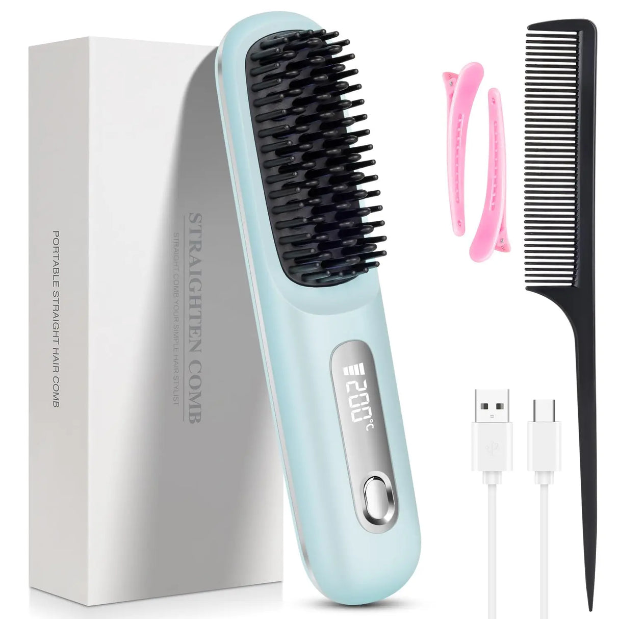 USB Charging Portable Hair Straightener Brush, Cordless Straightening Comb LED Display & Ceramic Coating, Ionic Technology