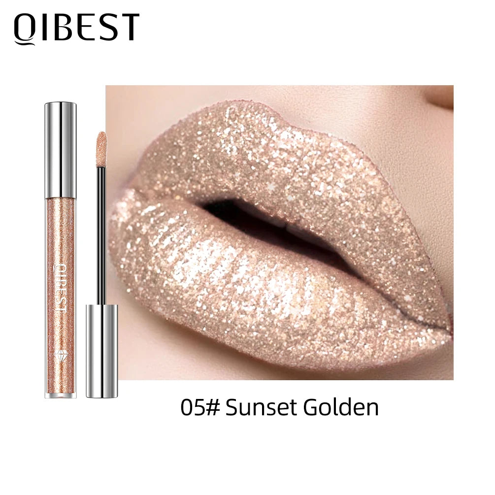 QIBEST Metallic Glitter Liquid Lipstick Makeup Waterproof Lip Gloss Long-lasting Shimmer Metal Diamond Lip Glaze Tint Charming