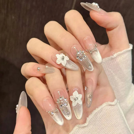 24pcs Cat's Eye Round Head Fake Nail with Mid-length Almond Deisgn Flower Pearl Stick on Nails Full Cover Detachable False Nail