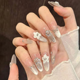24pcs Cat's Eye Round Head Fake Nail with Mid-length Almond Deisgn Flower Pearl Stick on Nails Full Cover Detachable False Nail