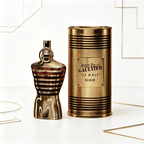 Jean Paul Gaultier Le Male Elixir EDP 125ML Perfume For Men Warm Vanilla Cardamom Woody Aroma Long Lasting Shiny Gold Metallic Striped Body Bottle With Gold Ring Cap Complete Gold Tin Box Dating Anniversary Present