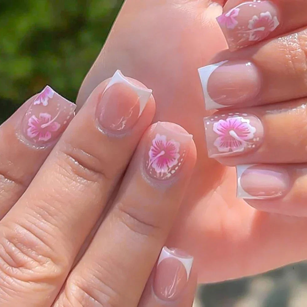 24Pcs Short Square Pink Floral French Press On Nails Clear Base Hand Drawn Flower Reusable With Adhesive Glue For Women Daily Party DIY Spring Summer Manicure Supply