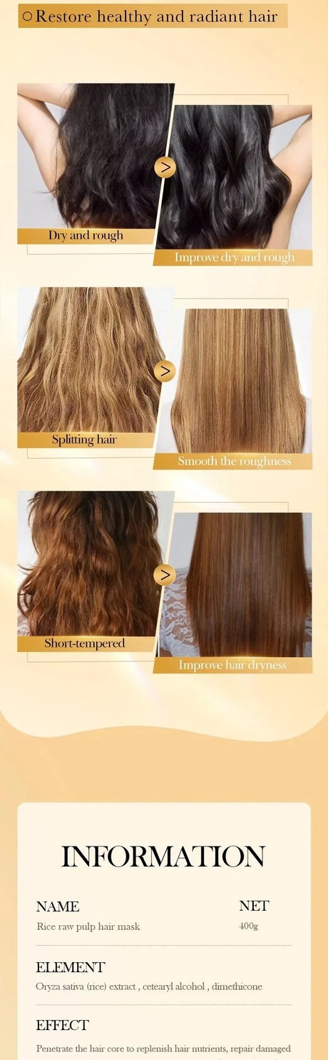 Rice Conditioner Penetrates the Hair Core, Replenishes Hair Nutrients, Repairs Damaged Cuticles, and Improves Dryness, Split Ends, Frizz, and Other Hair Damage Caused by Blow-Drying, Ironing, and Dyeing.