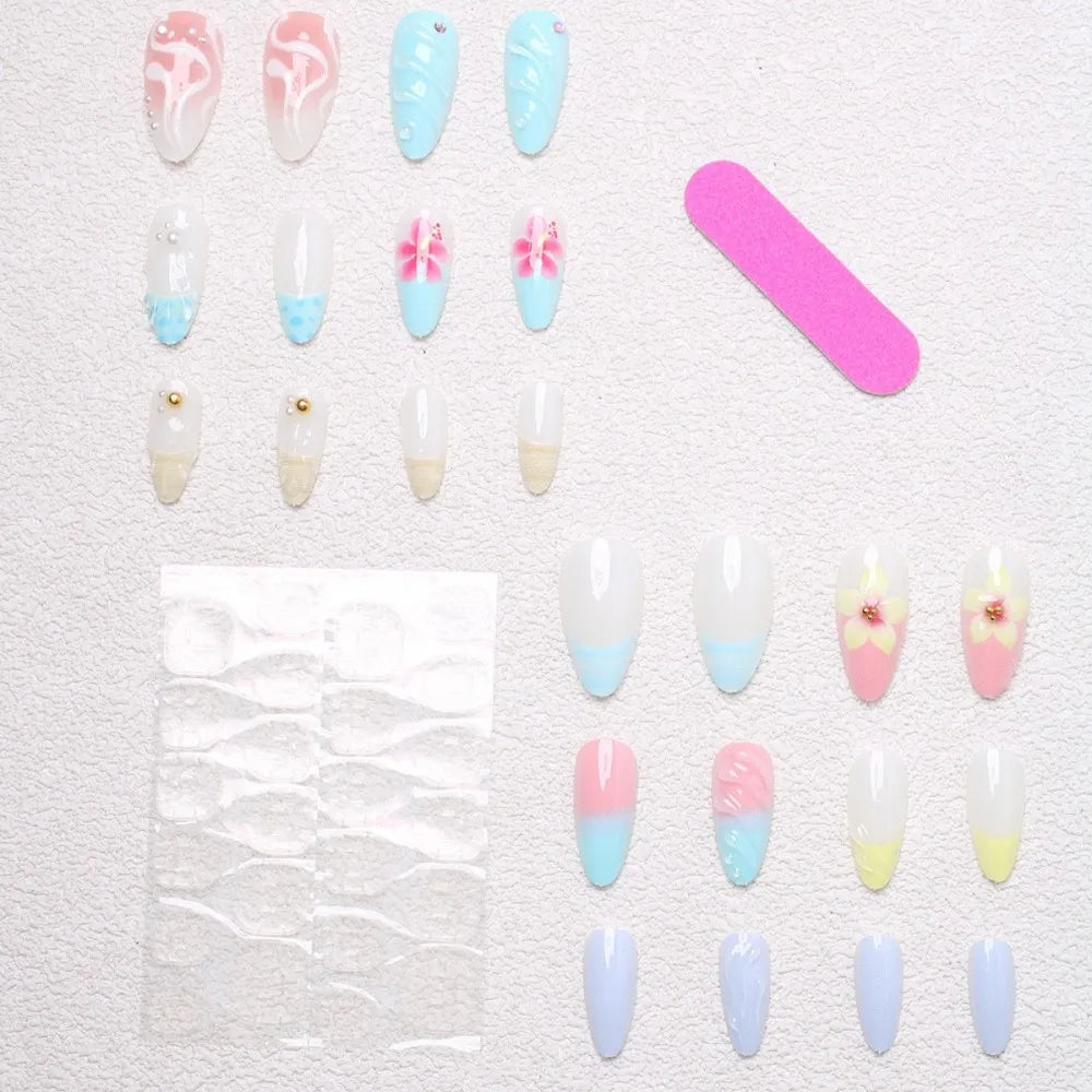 24PCS Juicy Red Cherry Hand Painted Press on Nails Vivid French Border Jelly Clear Almond Shape Fake Nails Summer Vibe