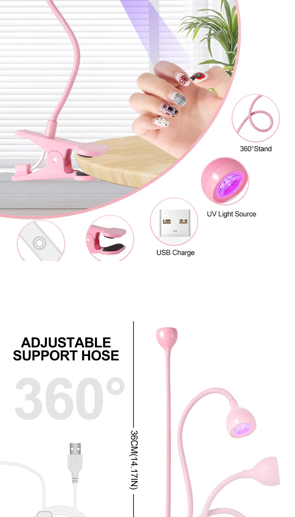 Nail LED UV Lamp for Drying Gel Nails Polish Clip-On Flexible Desk Mini Portable USB Nail Lamp UV Light Dryer for Manicure Salon