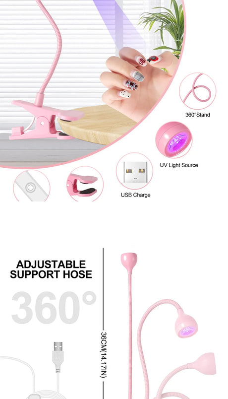 Nail LED UV Lamp for Drying Gel Nails Polish Clip-On Flexible Desk Mini Portable USB Nail Lamp UV Light Dryer for Manicure Salon