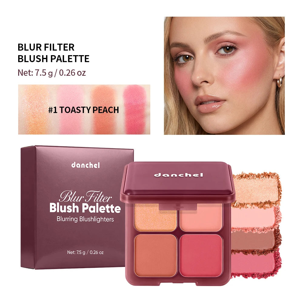 4 Shades Blush Palette Matte & Shimmer Two Textures Rich Pigment Long-wear Soft Blur Finishing Compact Blush Daily Cheek Makeup