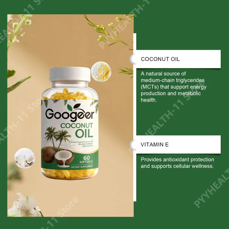 Coconut Oil Softgels Blended Collagen Vitamin E with Vitamins Hair Skin Nails Beauty Supports Energy Vitality 60 Softgels