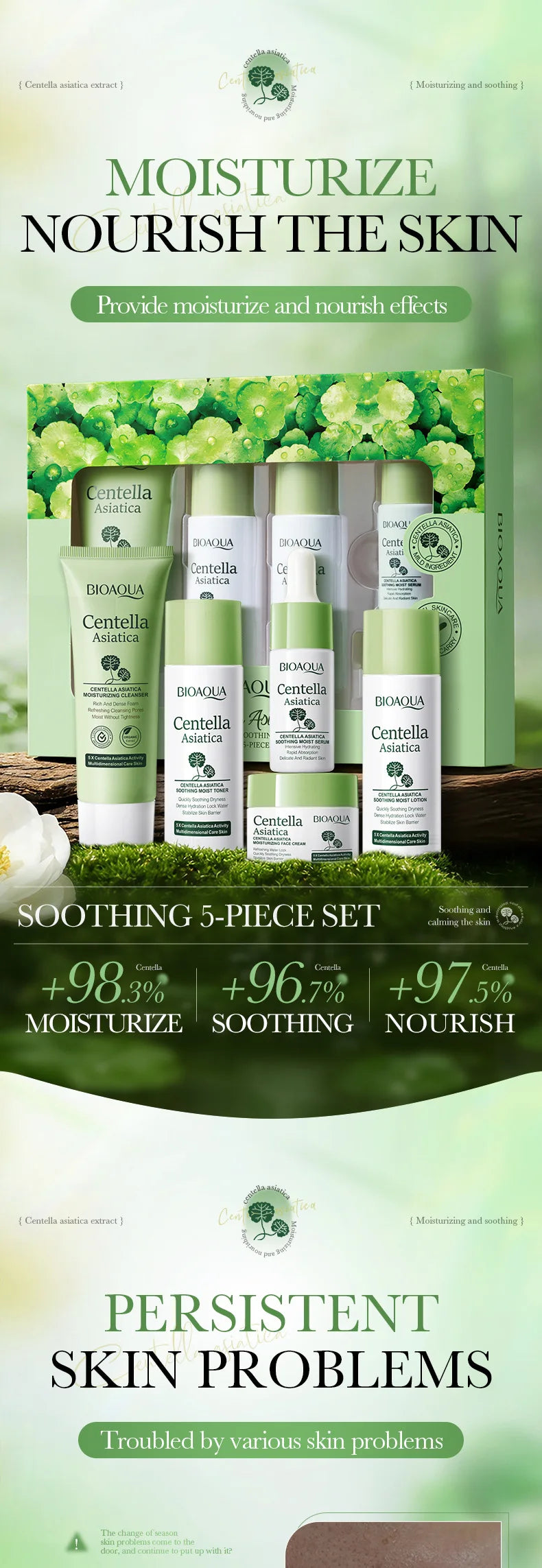 5pcs/set BIOAQUA Centella Asiatica Skin Care Sets Moisturizing Facial Cleanser Face Cream Serum Anti-Aging Facial Skin Care Kit