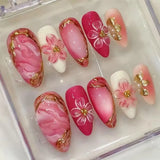 24PCS Juicy Red Cherry Hand Painted Press on Nails Vivid French Border Jelly Clear Almond Shape Fake Nails Summer Vibe