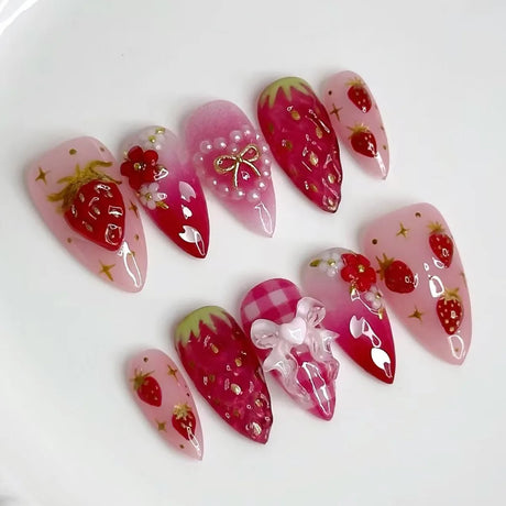 24pcs wearable false nail kit, randomly shipped; almond-shaped pearl starlight false nails; artistic flower press-on nails.
