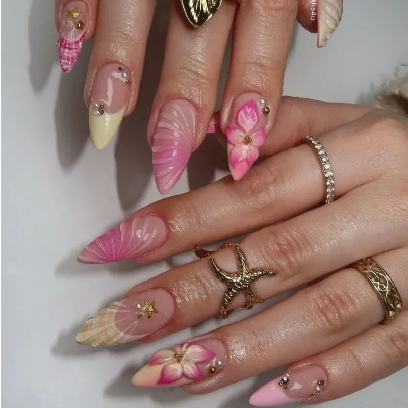 24pcs wearable false nail kit, randomly shipped; almond-shaped pearl starlight false nails; artistic flower press-on nails.