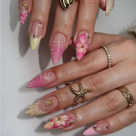 24pcs wearable false nail kit, randomly shipped; almond-shaped pearl starlight false nails; artistic flower press-on nails.