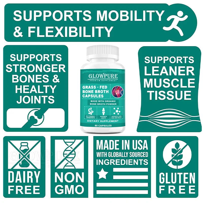 Bone Broth Collagen Protein Capsules - Grass-Fed Collagen Powder for Skin & Bones Joint Health and Flexibility Paleo Friendly