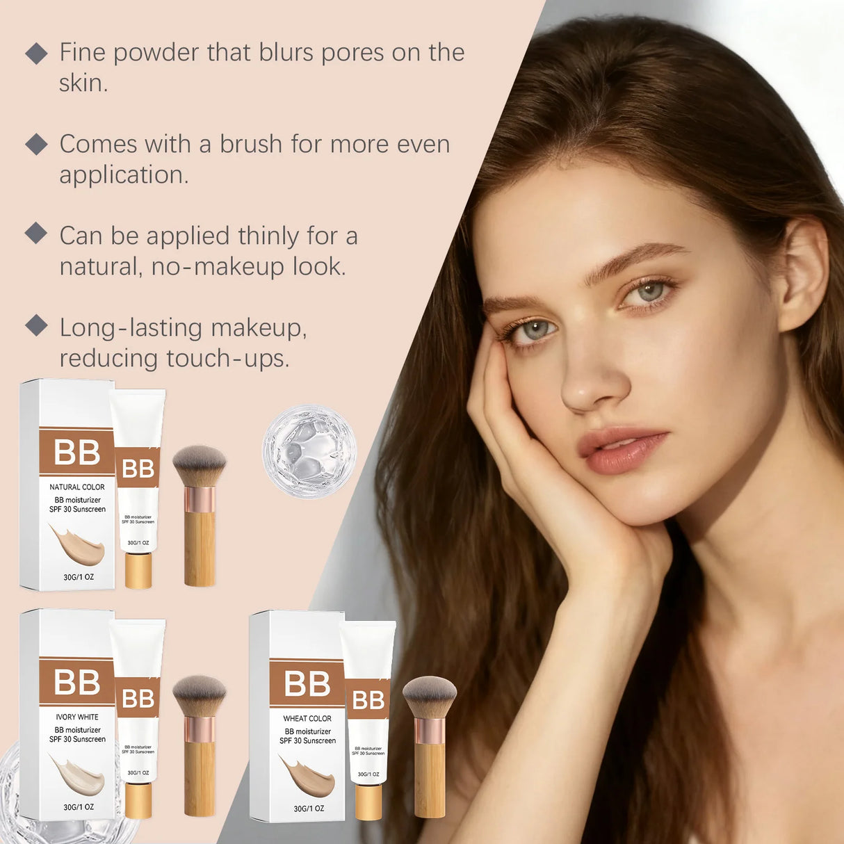 Tinted BB Cream Sunscreen SPF 30++ Full Coverage Invisible Pores Acne Brightening Nude Makeup Waterproof Facial Foundation Kit