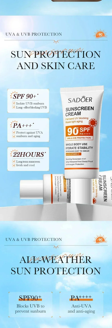 SPF90+ sunscreen, UV protection, whitening sunscreen, moisturizing, whitening, facial and body sunscreen, skin care, anti-aging