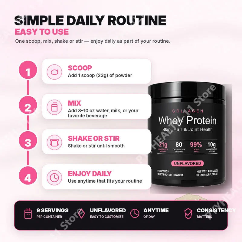 Whey Protein Powder Unflavored Muscle Recovery Joint Health Skin Hydration Grass-Fed Collagen Daily Nutrition Support