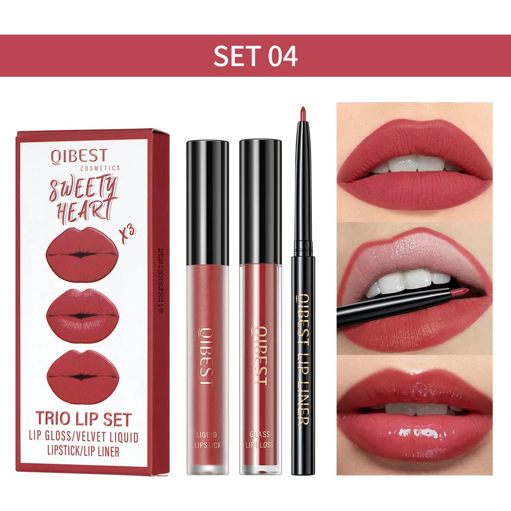 QIBEST 3pcs/set Liquid Lipstick+Lip Liner Lasting Black Brown Purple Red Matte Lip Gloss Nude Lip Stain Tint Makeup Lip Pencil