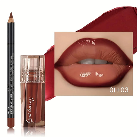 2pcs Lip Liner Pencil & Hydrating Lip Gloss Set, Glossy Finish, Smooth Define Lips, Non-Sticky Long Lasting, Daily Makeup