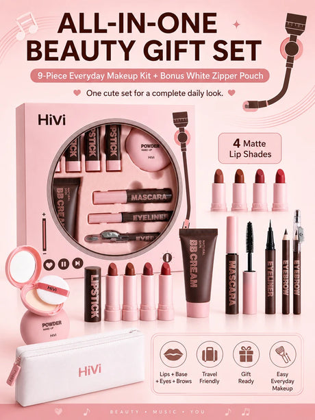 9PCS Makeup Gift Set for Women, All-in-One Lipstick Mascara Eyeliner BB Cream Powder Compact, Travel Beauty Kit for Beginners