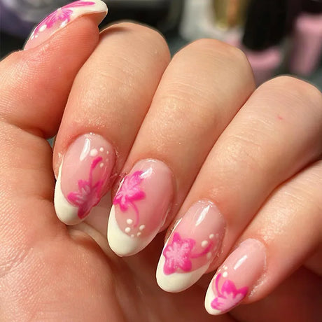 Mid-length Coffin Fake Nails 24Pcs White French Tip Ballerina Press On Nail Pink/White Flower Printed Spring/Summer DIY Manicure