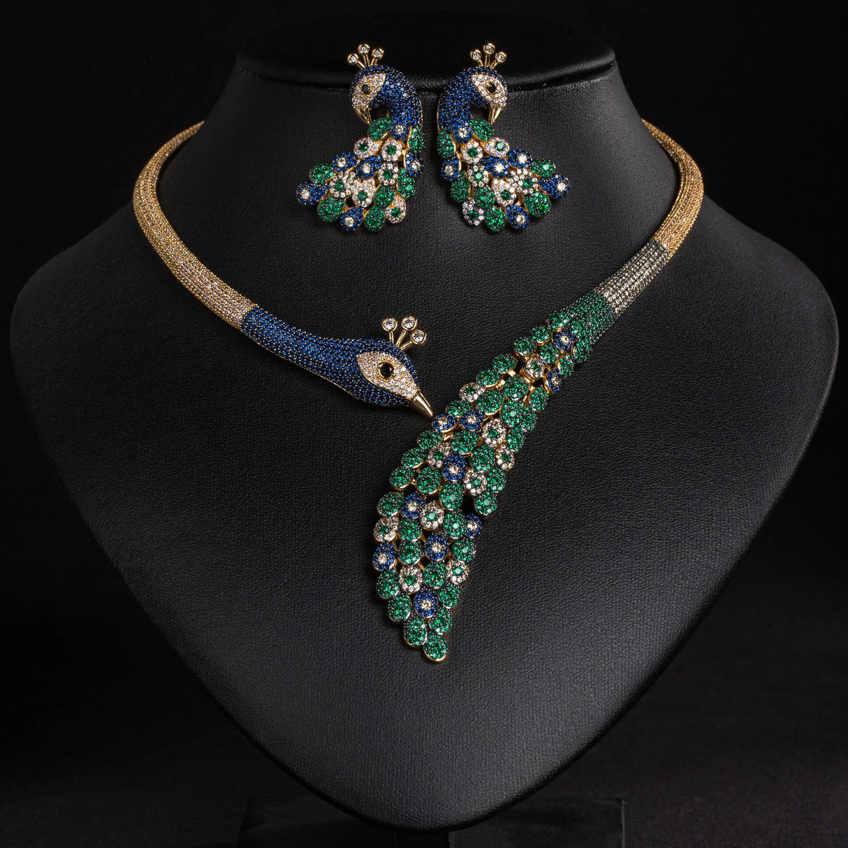 Women's Full Diamond Colored Gemstone Peacock Necklace and Earring Set, Bridal Dress Accessories