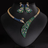 Women's Full Diamond Colored Gemstone Peacock Necklace and Earring Set, Bridal Dress Accessories