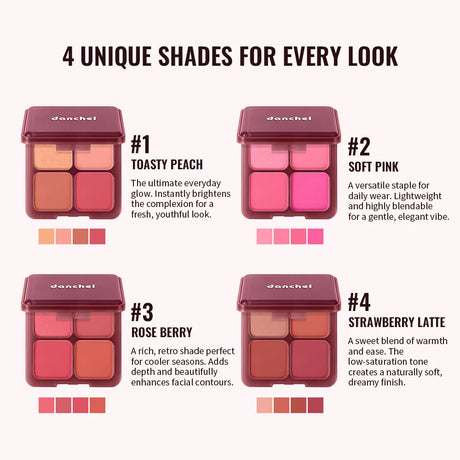 4 Shades Blush Palette Matte & Shimmer Two Textures Rich Pigment Long-wear Soft Blur Finishing Compact Blush Daily Cheek Makeup