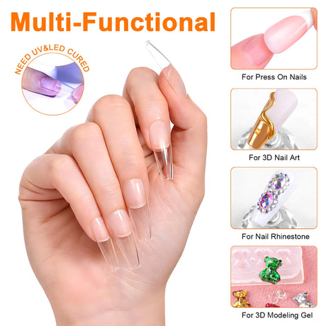 TWOING 8g Clear Solid Nail Tips Gel Long Lasting Strong Adhesion UV/LED Building Gel for Nails Home Salon Manicure DIY Design