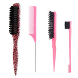 4Pc Boar Bristle Slick Back Hair Brush Set For Sleek Ponytail Bun Smoothing Baby Hairs,Flyaways,Edge Control Backcombing Teasing